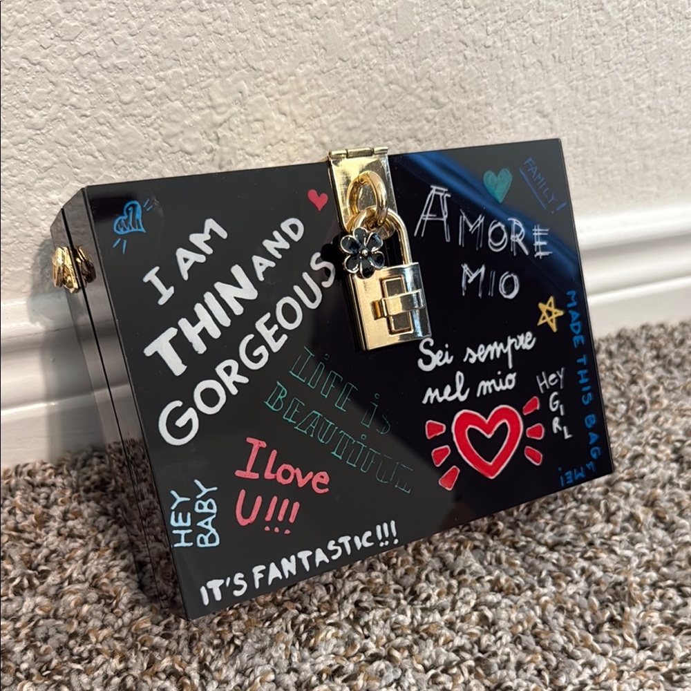 Black Graphic Clutch with Gold Lock